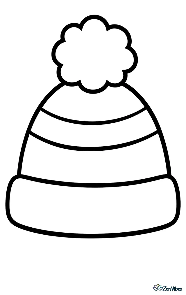A cozy knitted winter hat with a folded brim, a few wide stripes, and a fluffy pompom on top, drawn large and simple