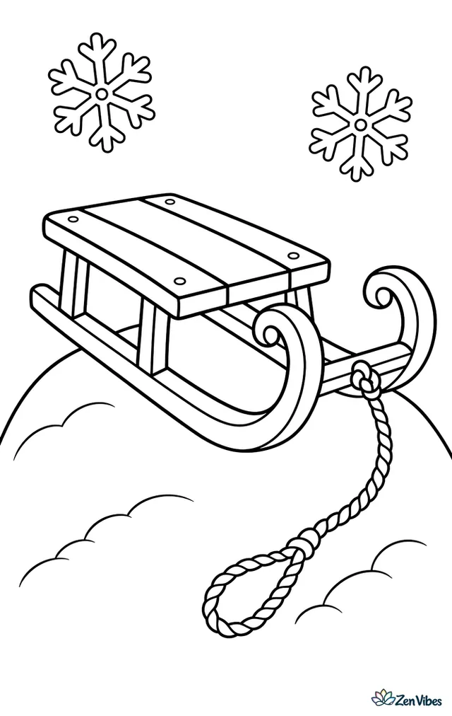 A wooden sled with curved runners and a pull rope resting at the top of a small snowy hill, with two snowflakes in the sky