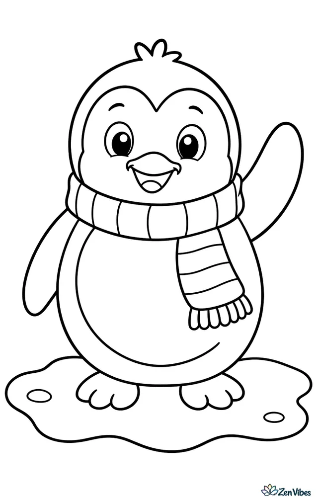 A round penguin standing on a patch of snow, wearing a striped scarf and lifting one flipper in a friendly wave