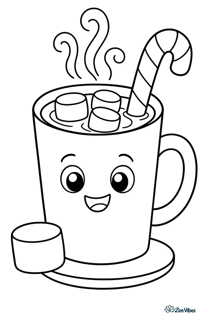 A tall mug of hot cocoa with three marshmallows floating on top, a candy stick, and curls of steam rising above the rim