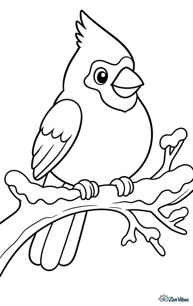 A plump cardinal with a pointed crest sitting on a bare branch, with a soft pile of snow along the top of the branch