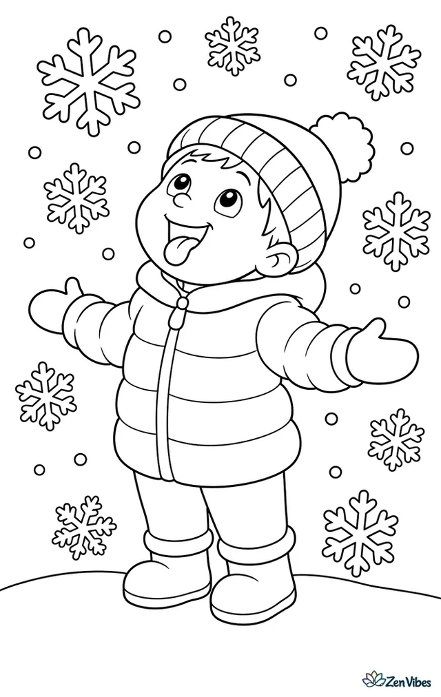 A child in a puffy coat and a pompom hat looking up with an open mouth and tongue out as big snowflakes fall all around