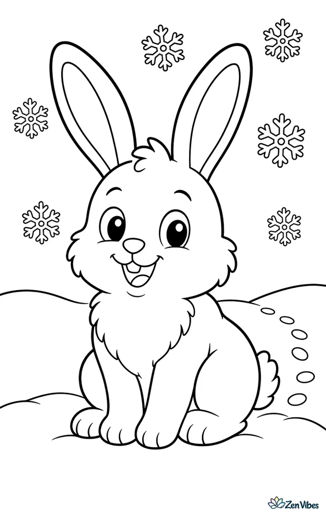 A fluffy rabbit sitting in the snow with both long ears up, a few snowflakes falling, and a short trail of small footprints behind it