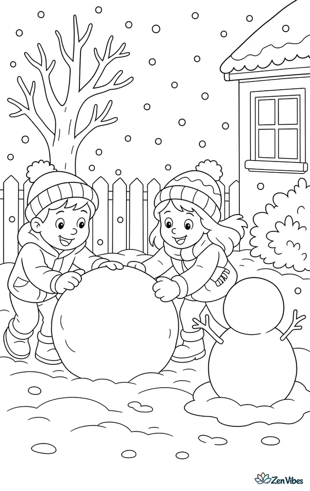 Two children rolling a giant snowball toward a half-built snowman in a front yard, with a fence, a bare tree, and snow falling