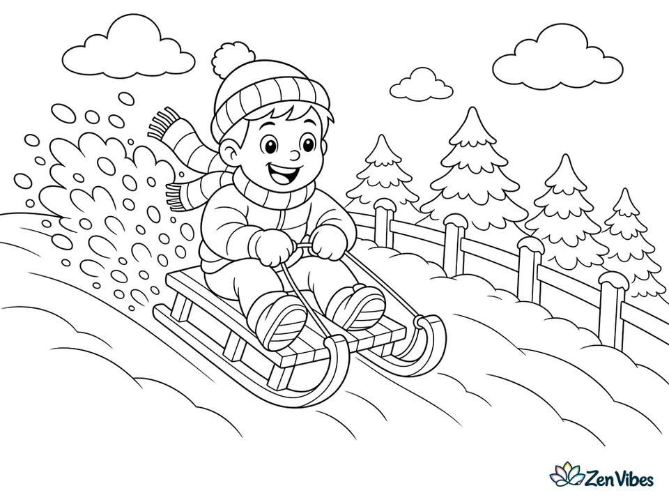 A child sitting on a sled speeding down a snowy hill with snow spraying up behind, a wooden fence, and a row of pine trees at the bottom