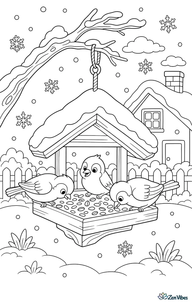 A wooden bird feeder hanging from a snowy branch with three small birds eating seeds, snowflakes falling, and a house in the background