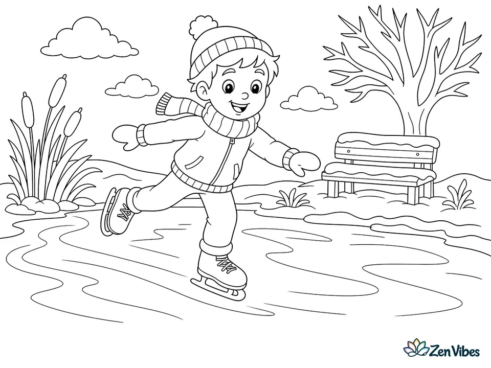 A child gliding on ice skates across a frozen pond, with a wooden bench, snow-covered reeds, and a bare tree on the bank