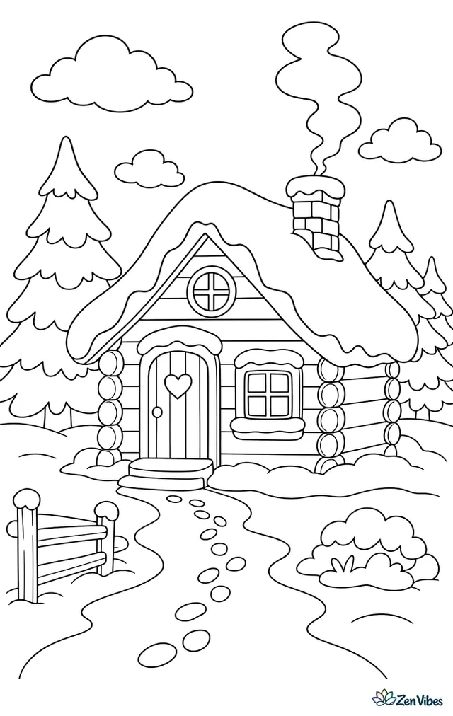 A small log cabin with a thick layer of snow on the roof and smoke curling from the chimney, surrounded by pine trees and a path of footprints
