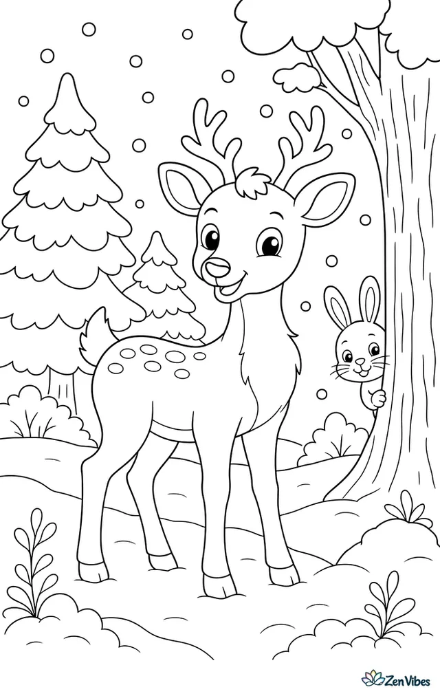 A deer with small antlers standing among snow-covered pine trees, with snowflakes falling and a rabbit peeking out from behind a trunk