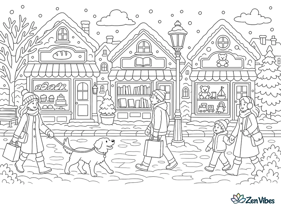 A snowy village street with a bakery, a bookshop, and a toy store, people in coats carrying bags, a lamp post, and a dog on a leash