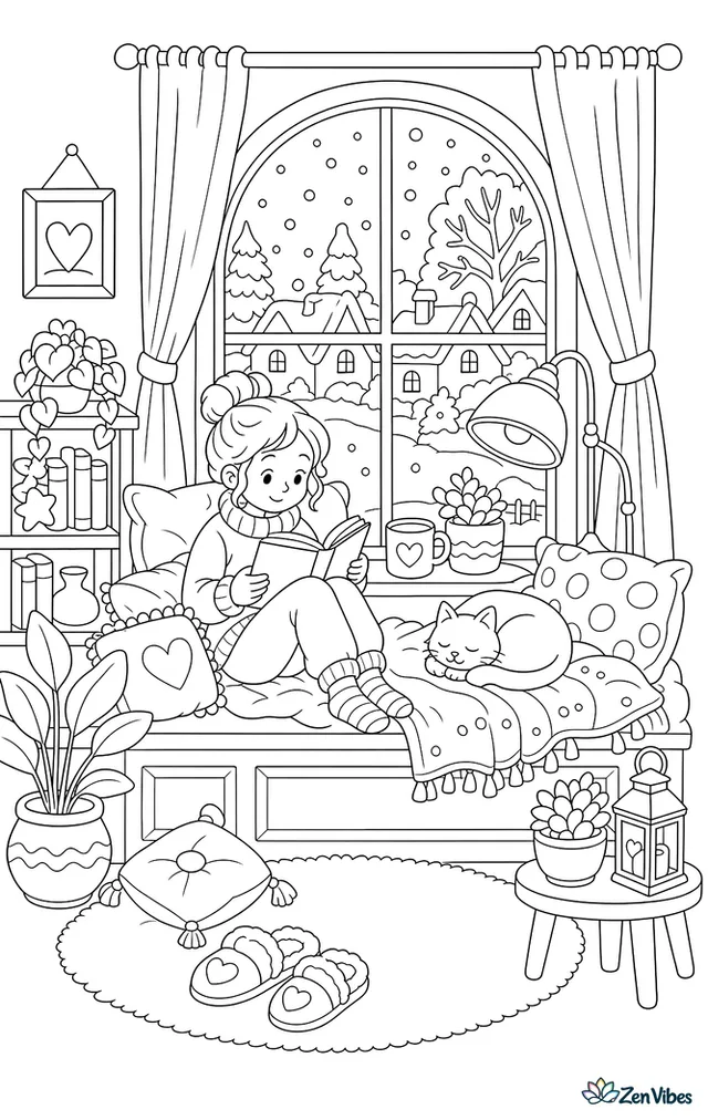 A window seat piled with pillows and a blanket, a child reading by a lamp, a cat asleep, a mug on the sill, and snow falling outside the window