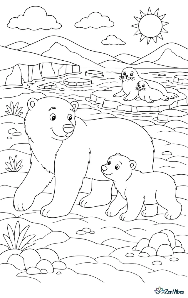 A polar bear walking beside its cub across a snowy ice field, with snow drifts, a distant hill, and two seals resting near open water