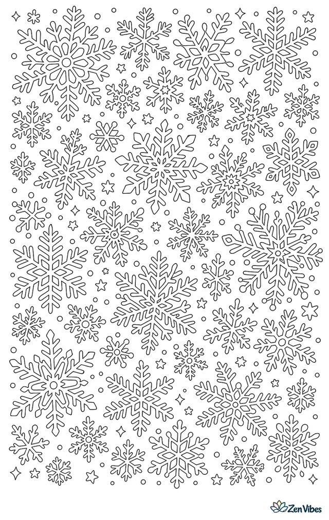 An all-over pattern of snowflakes in many sizes and shapes, each one with a different branching design, filling the whole page edge to edge