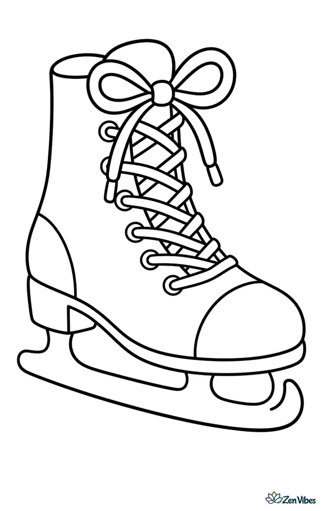 A single ice skate with a tall boot, long laces tied in a bow at the top, and a curved blade underneath