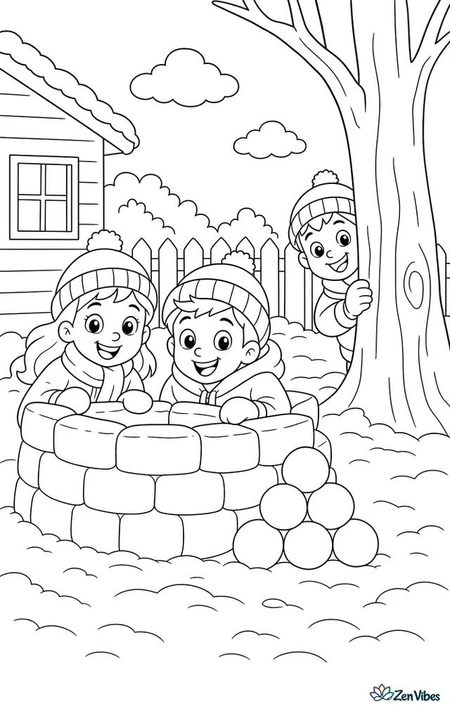 Two smiling children crouched behind a snow fort with a neat stack of snowballs, and a third child peeking out from behind a tree