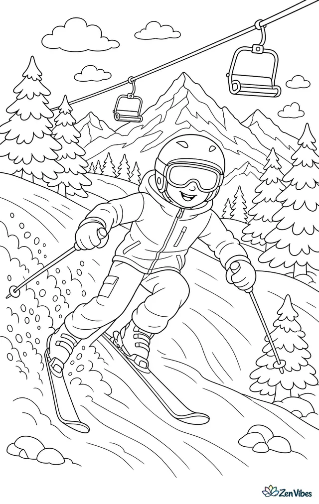 A skier in goggles carving down a mountain slope with pine trees on both sides, a chairlift overhead, and snowy peaks in the distance