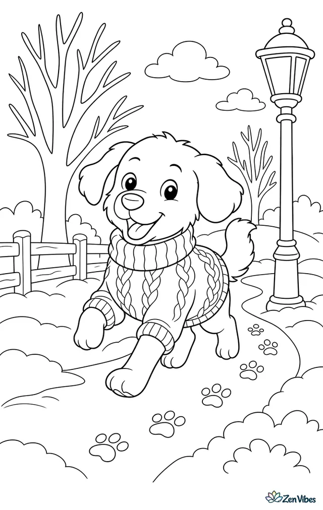 A dog wearing a knitted sweater trotting along a snowy path with paw prints behind it, bare trees, and a lamp post beside the path