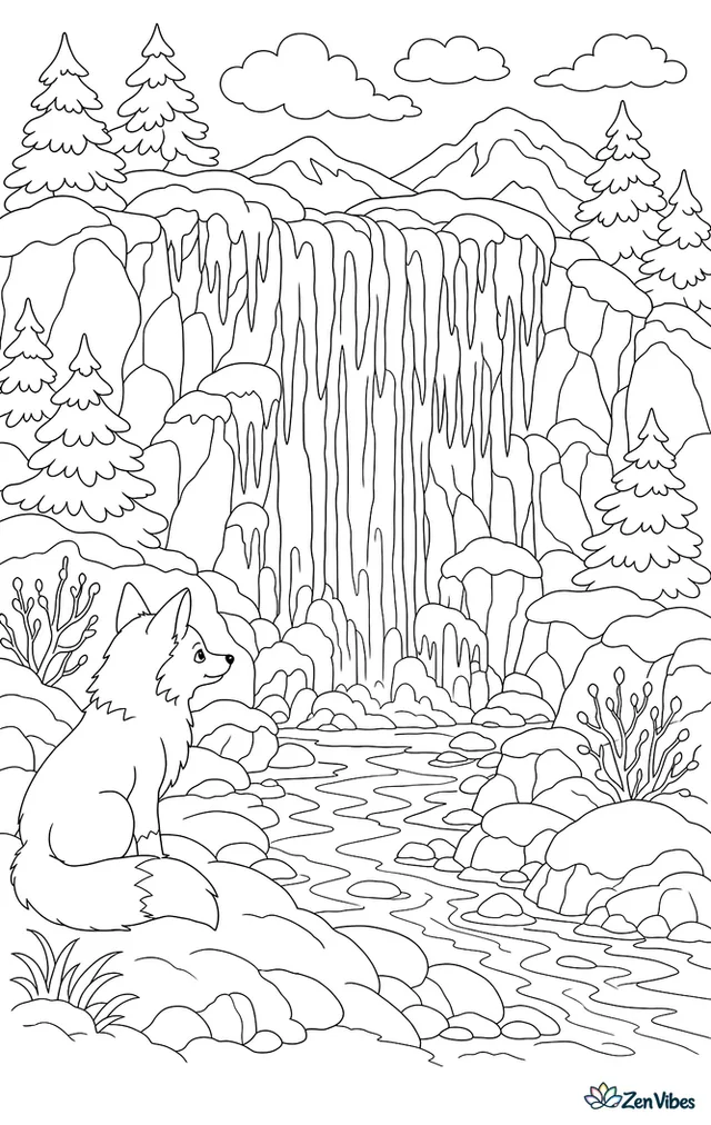 A frozen waterfall with long icicles hanging over rocks, snow-covered boulders, pine trees, and a fox watching from the bank