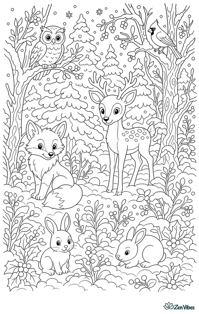 A dense snowy forest with an owl, a fox, a deer, two rabbits, and a cardinal tucked among the tree trunks, branches, and snow drifts