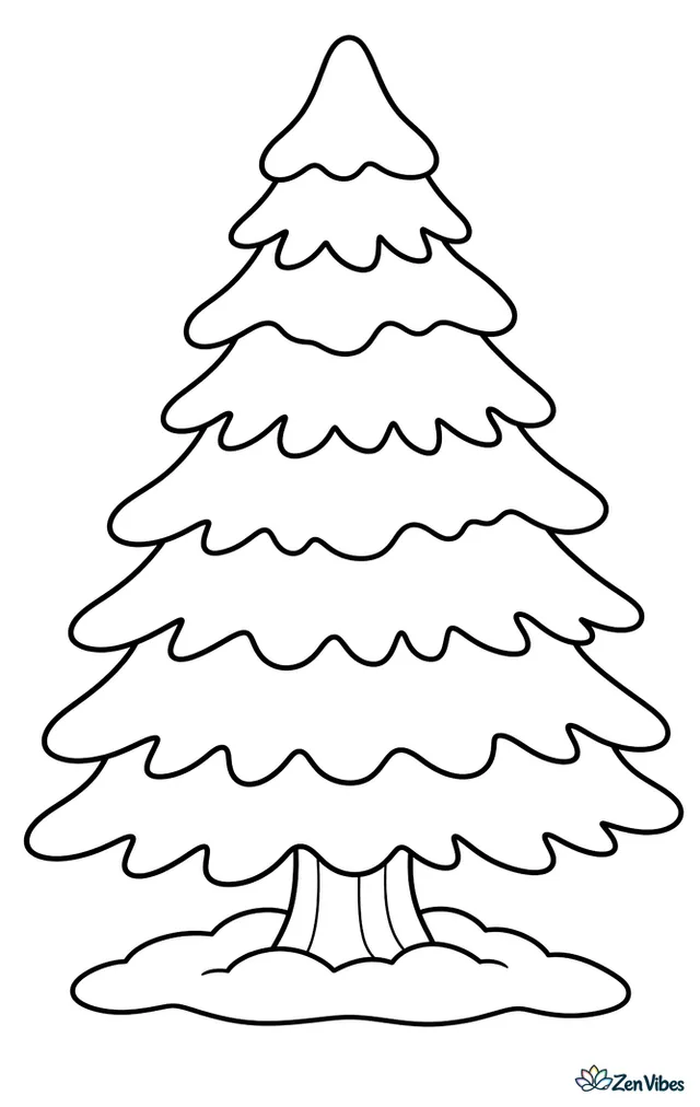 A tall evergreen tree with a rounded layer of snow resting on each tier of branches and a little mound of snow around its trunk