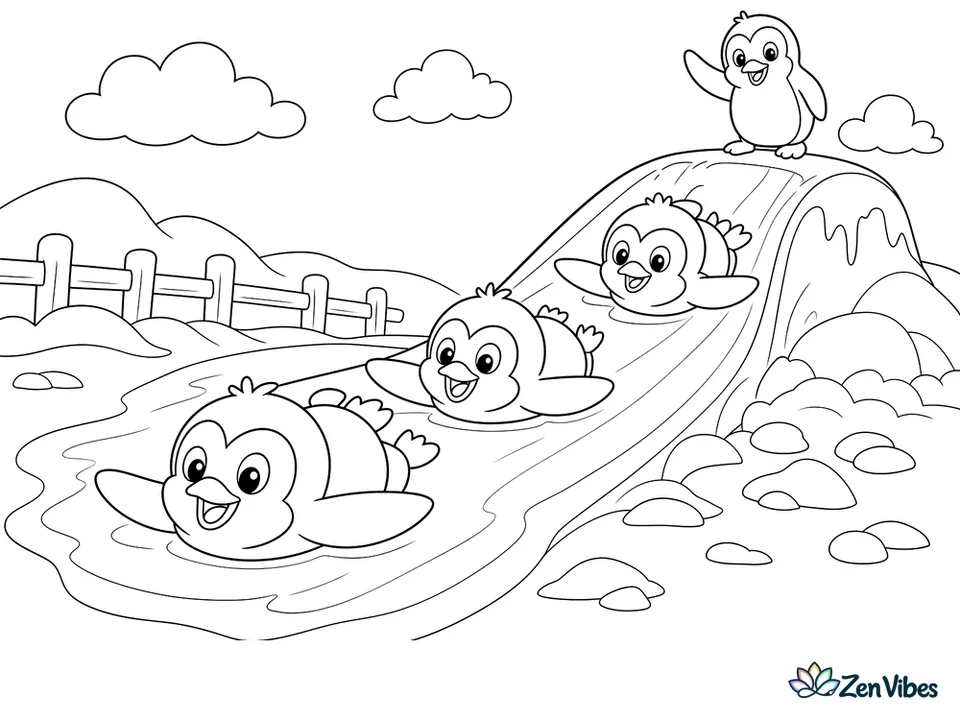 Three penguins sliding on their bellies across a sheet of ice, with snow drifts, a small icy hill, and one more penguin waiting for its turn