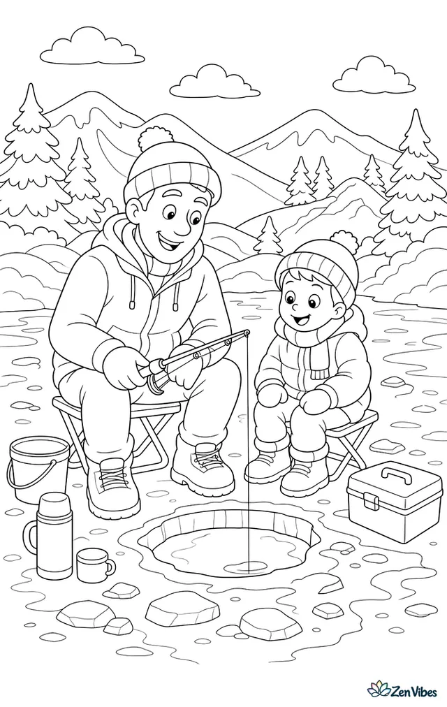 A parent and child sitting on stools beside a hole in a frozen lake, with a fishing line, a bucket, a thermos, and snowy hills behind them