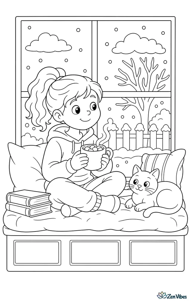 A child holding a mug of hot cocoa on a window seat, with a snowy yard outside the glass, a cat on the cushion, and a stack of books