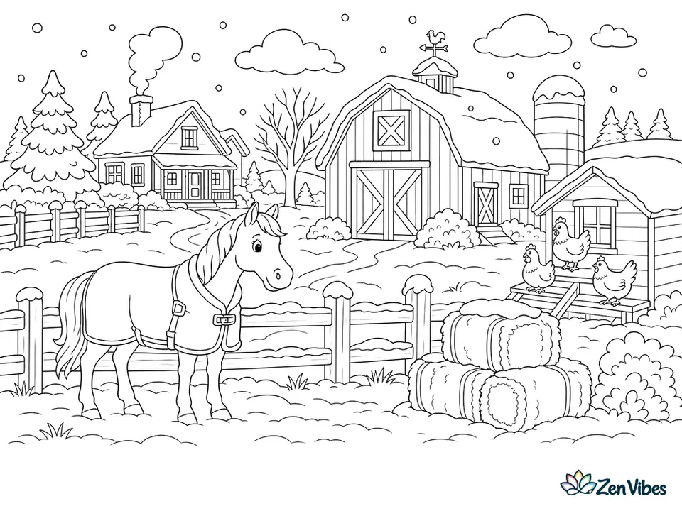 A snowy farm with a red barn, a horse in a blanket by the fence, hay bales, chickens on a step, and smoke rising from the farmhouse chimney