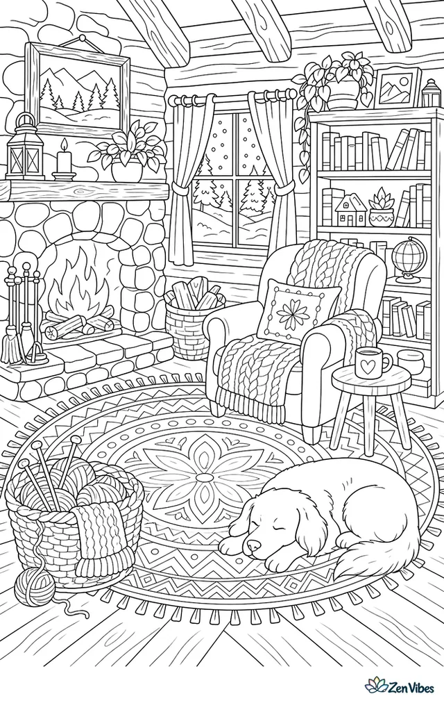 The inside of a cabin with a stone fireplace, a patterned rug, a full bookshelf, a sleeping dog, knitting in a basket, and a snowy window