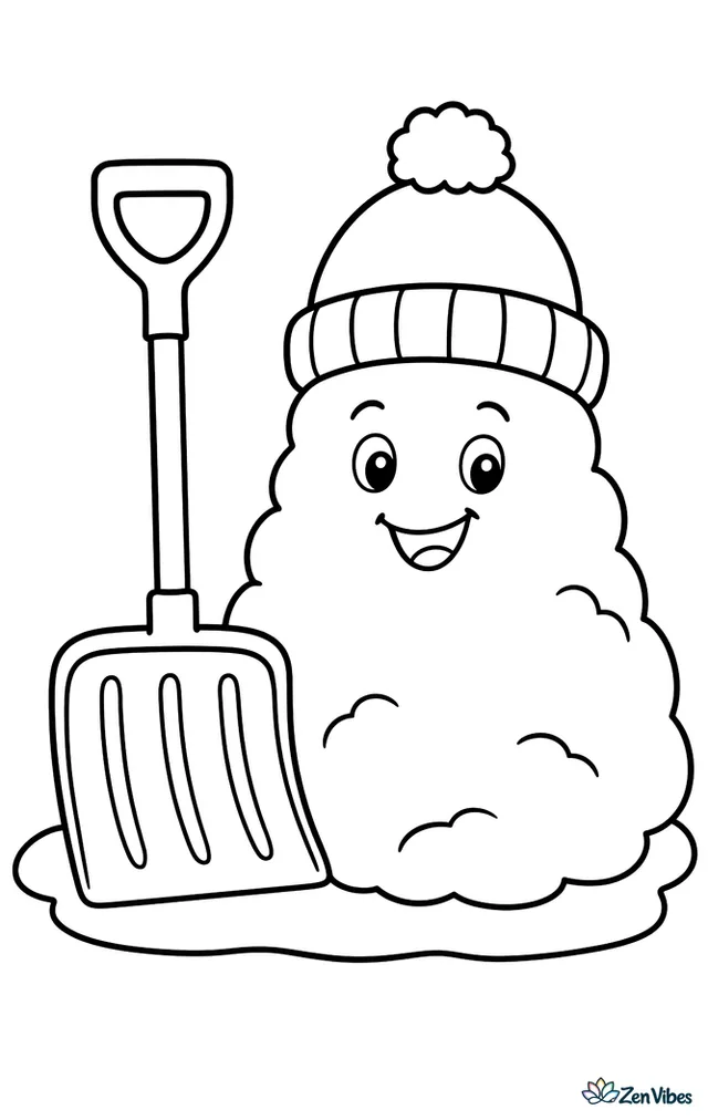 A snow shovel standing upright beside a big rounded pile of snow, with a wool hat resting on top of the pile like a face