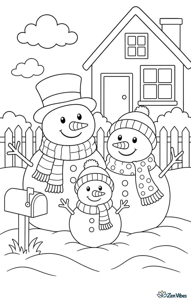 Three snowmen of different sizes wearing hats and scarves in a front yard, with a mailbox, a picket fence, and a house behind them
