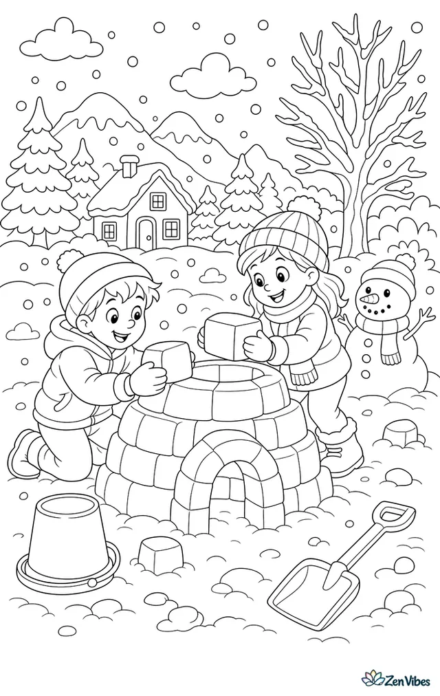 Two children stacking snow blocks into a half-finished igloo, with a bucket mold, a shovel, a snowman watching, and snow falling