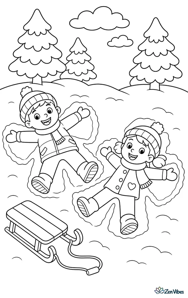 Two children lying in the snow making snow angels, with arm and leg prints fanned out around them, a sled nearby, and pine trees behind