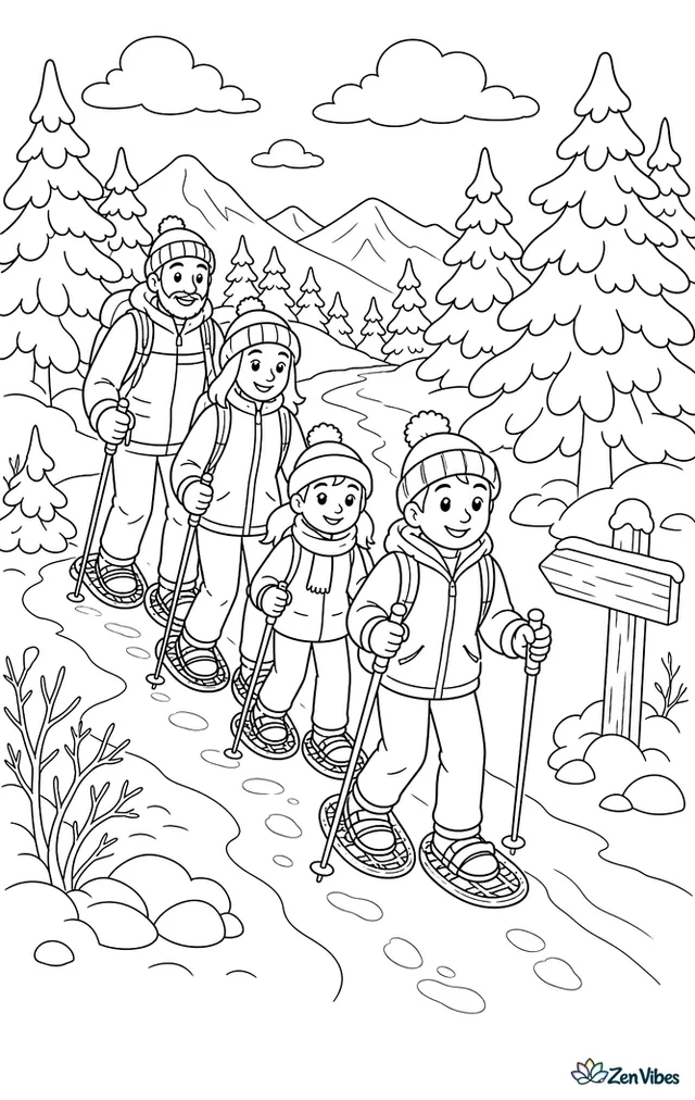 A family in snowshoes walking single file along a trail between snow-covered trees, with a wooden signpost and tracks in the snow