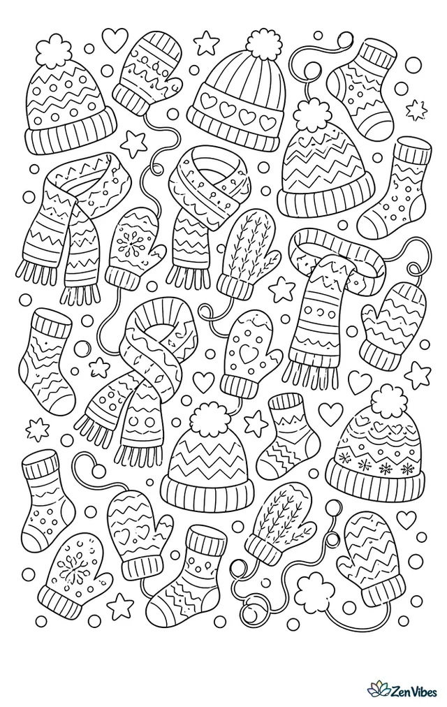 An all-over pattern of mittens, scarves, hats, and socks, each with its own stripes, zigzags, dots, and knitted textures to color