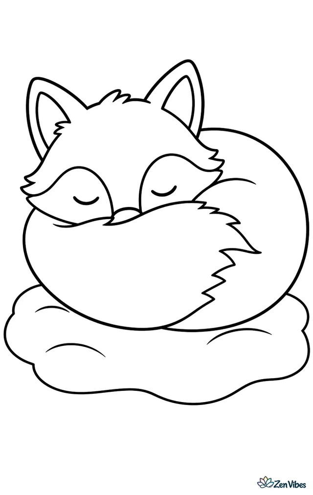 A fox curled into a ball with its fluffy tail wrapped over its nose and eyes closed, resting on a soft mound of snow