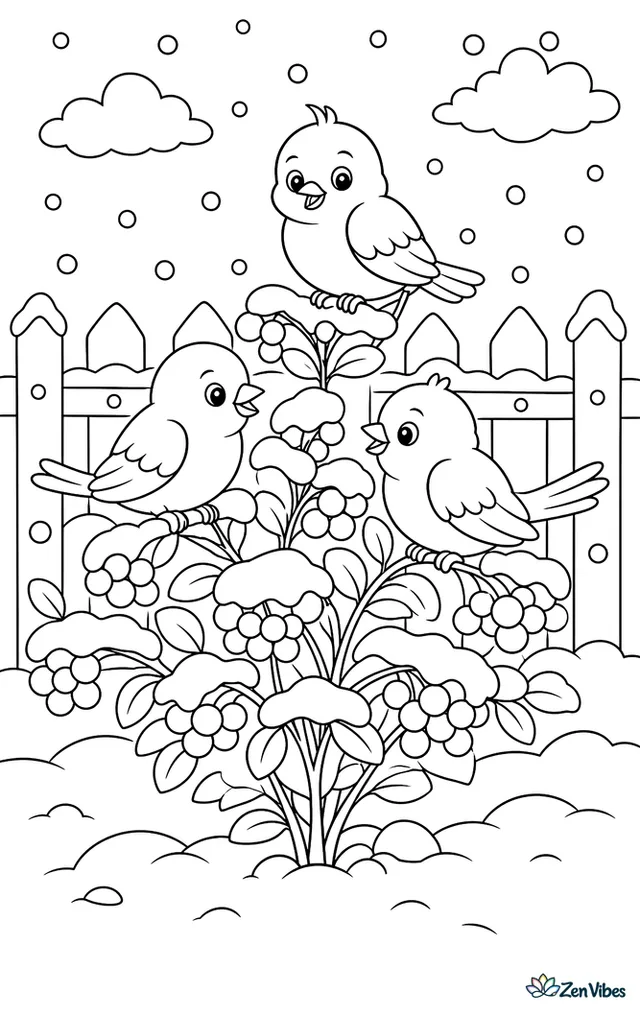 Three small birds perched on a snow-covered bush heavy with round berries, with a wooden fence behind and snowflakes drifting down