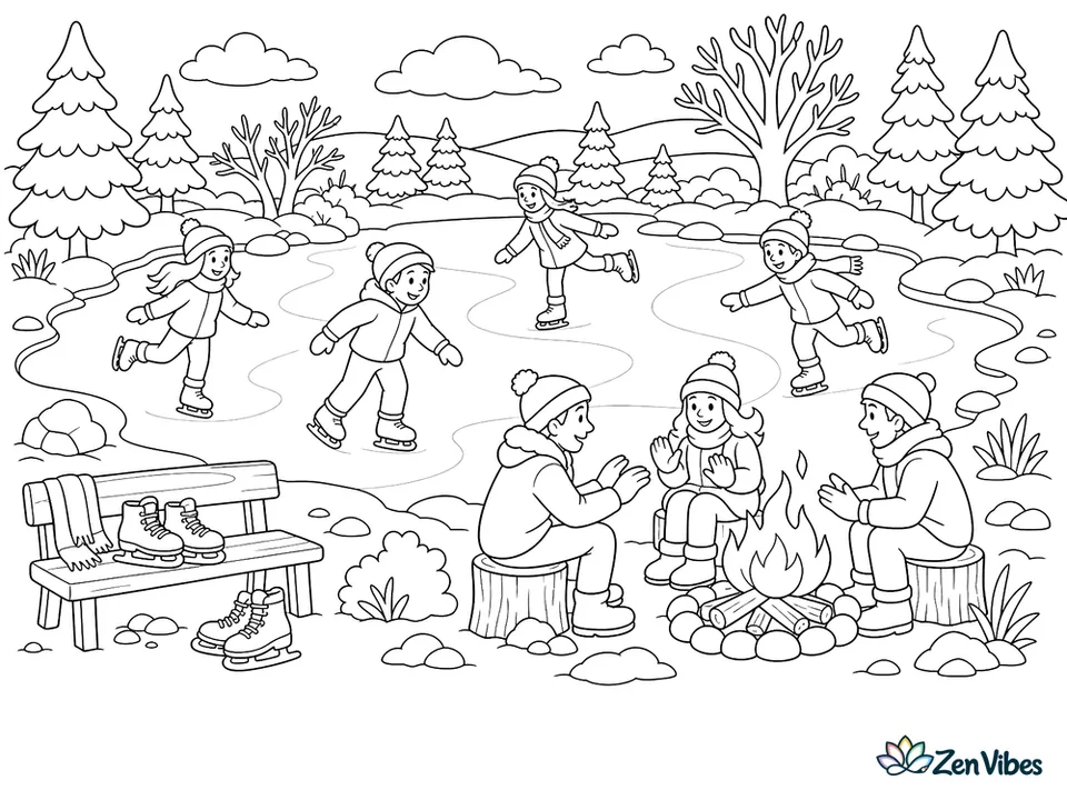 A frozen pond with several skaters, a bonfire where people warm their hands, a bench with spare skates, and snowy trees around the edge