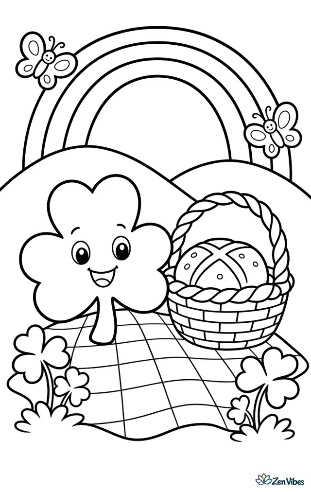 A smiling shamrock sits on a picnic blanket beside a basket of soda bread, with clover patches, butterflies, and rolling hills under a bright rainbow.