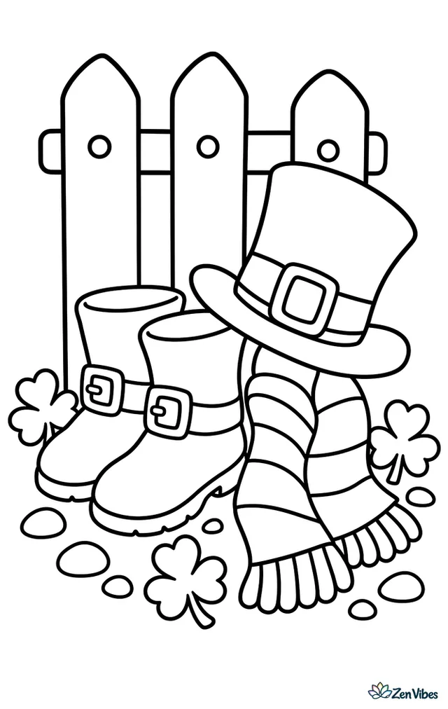 A pair of buckle boots rests beside a striped scarf and a tilted hat, surrounded by shamrocks, pebbles, and a simple wooden fence.