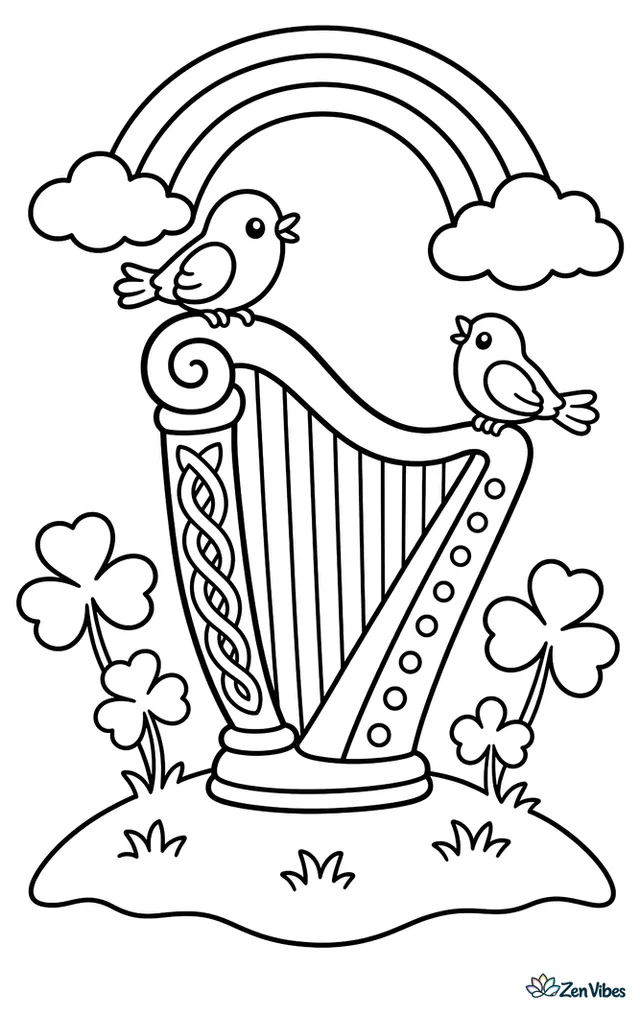 A Celtic harp stands on a grassy mound while songbirds perch nearby, with shamrock sprigs, clouds, and a curved rainbow in the sky.