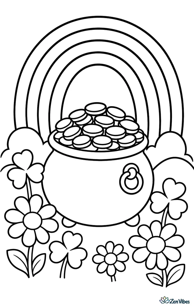 A round pot overflowing with gold coins sits at the end of a rainbow, framed by shamrocks, daisies, and soft hills.