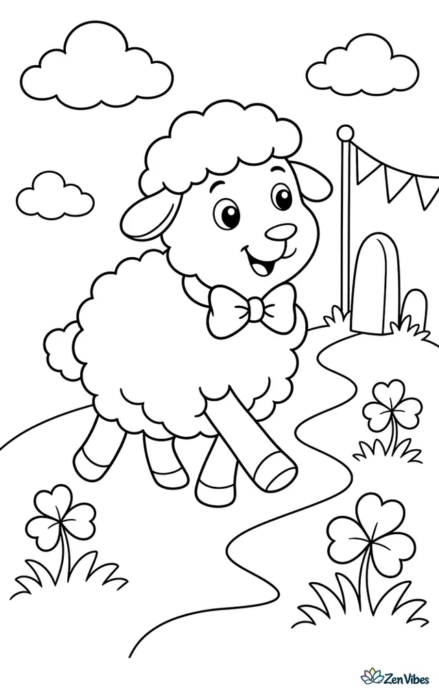 A woolly sheep wears a bow tie and walks along a hilltop path, with fluttering pennants, clover tufts, stone markers, and drifting clouds.