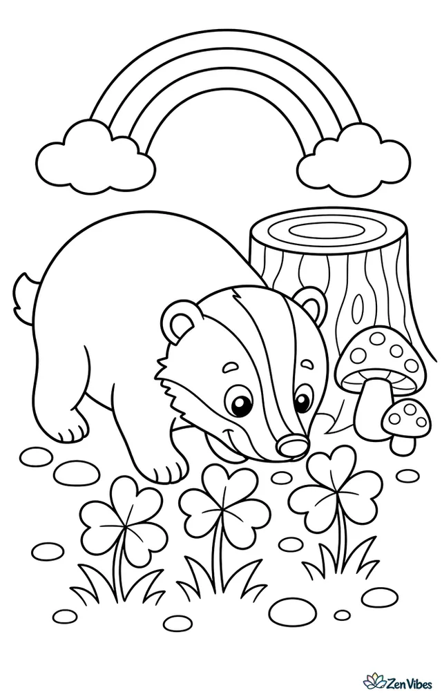 A cheerful badger sniffs through a patch of three-leaf clovers near a stump, with mushrooms, pebbles, and a small rainbow overhead.