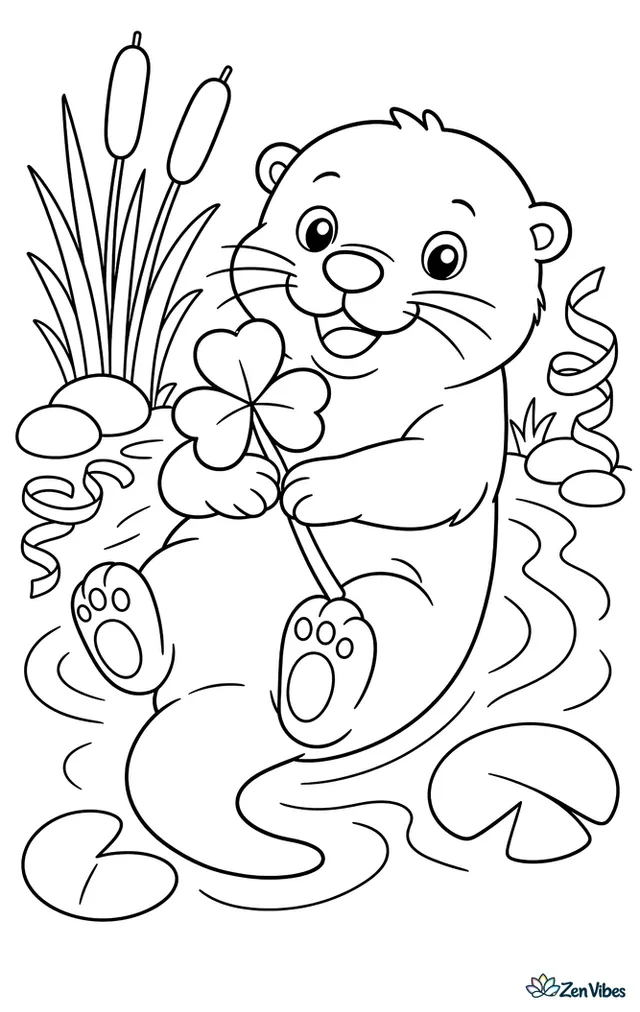 A playful otter floats on its back holding a shamrock stem, surrounded by river reeds, smooth stones, lily pads, and festive streamers on the bank.