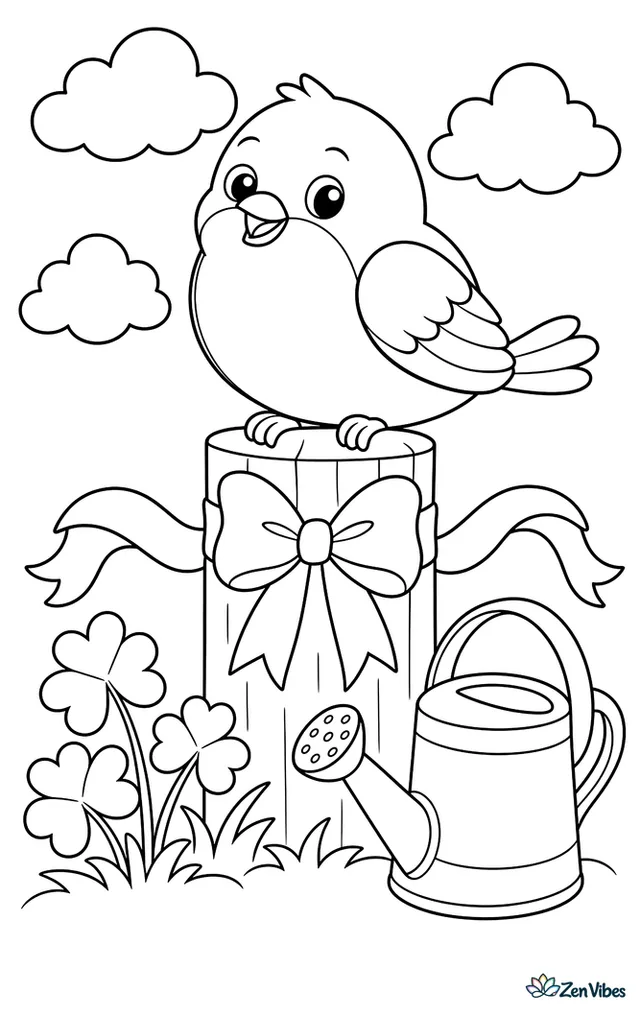 A round robin perches on a fence post decorated with ribbons, with clover below, a watering can nearby, and fluffy clouds above.