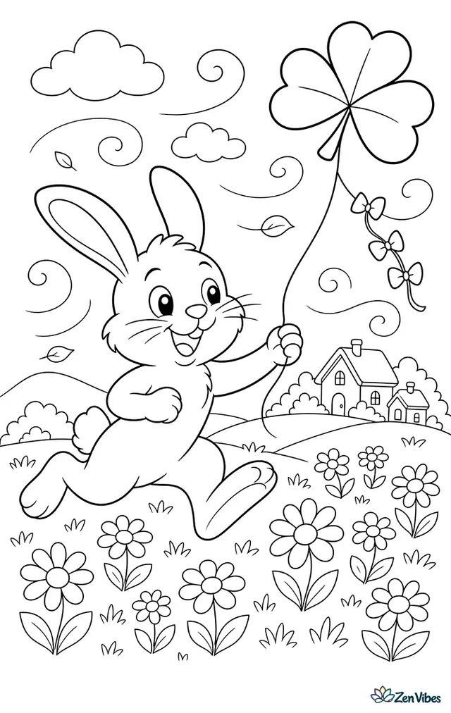 A spring hare runs through a meadow flying a shamrock-shaped kite, with daisies, swirling wind lines, and distant cottages beyond the hills.