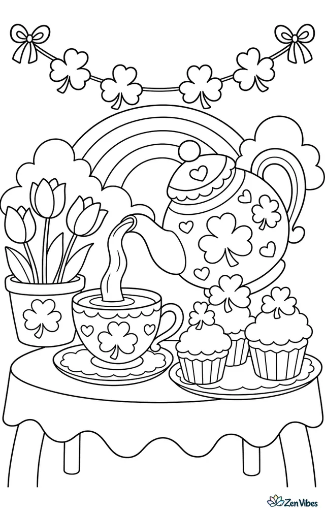A decorated teapot pours tea into a cup on a garden table, with shamrock garlands, cupcakes, tulips, and a tiny rainbow arching behind.