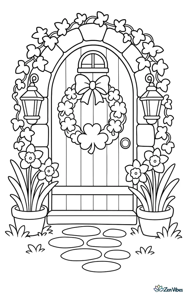 A cozy cottage door displays a shamrock wreath and welcome mat, with potted daffodils, stepping stones, ivy, and lanterns on either side.