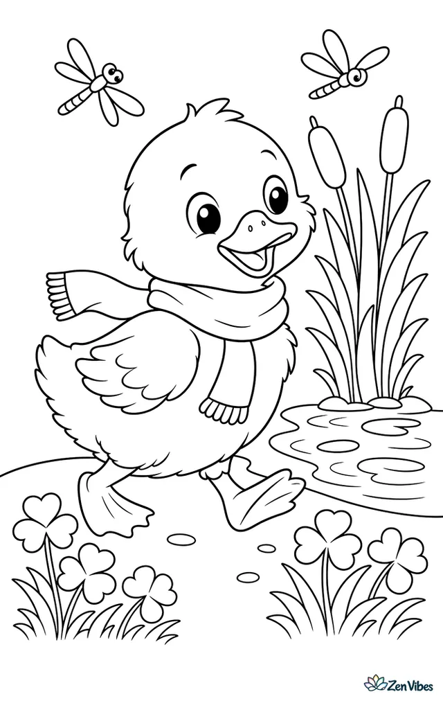 A fluffy duckling waddles beside a pond wearing a tiny scarf, with cattails, clover clumps, ripples, and dragonflies dancing overhead.